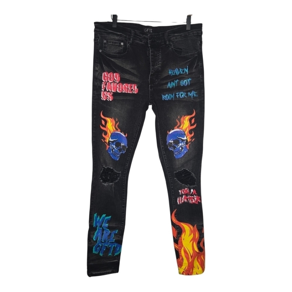 GFTD Mens Black Colorful Graffiti Painted Distressed Landon Denim Jeans 36
